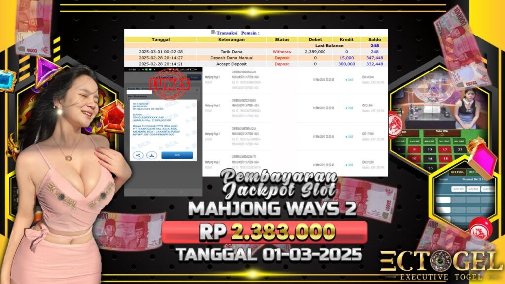 BUKTI JACKPOT SLOT MAHJONG WAYS 2 TERPERCAYA DI INDONESIA TGL 01-03-2025